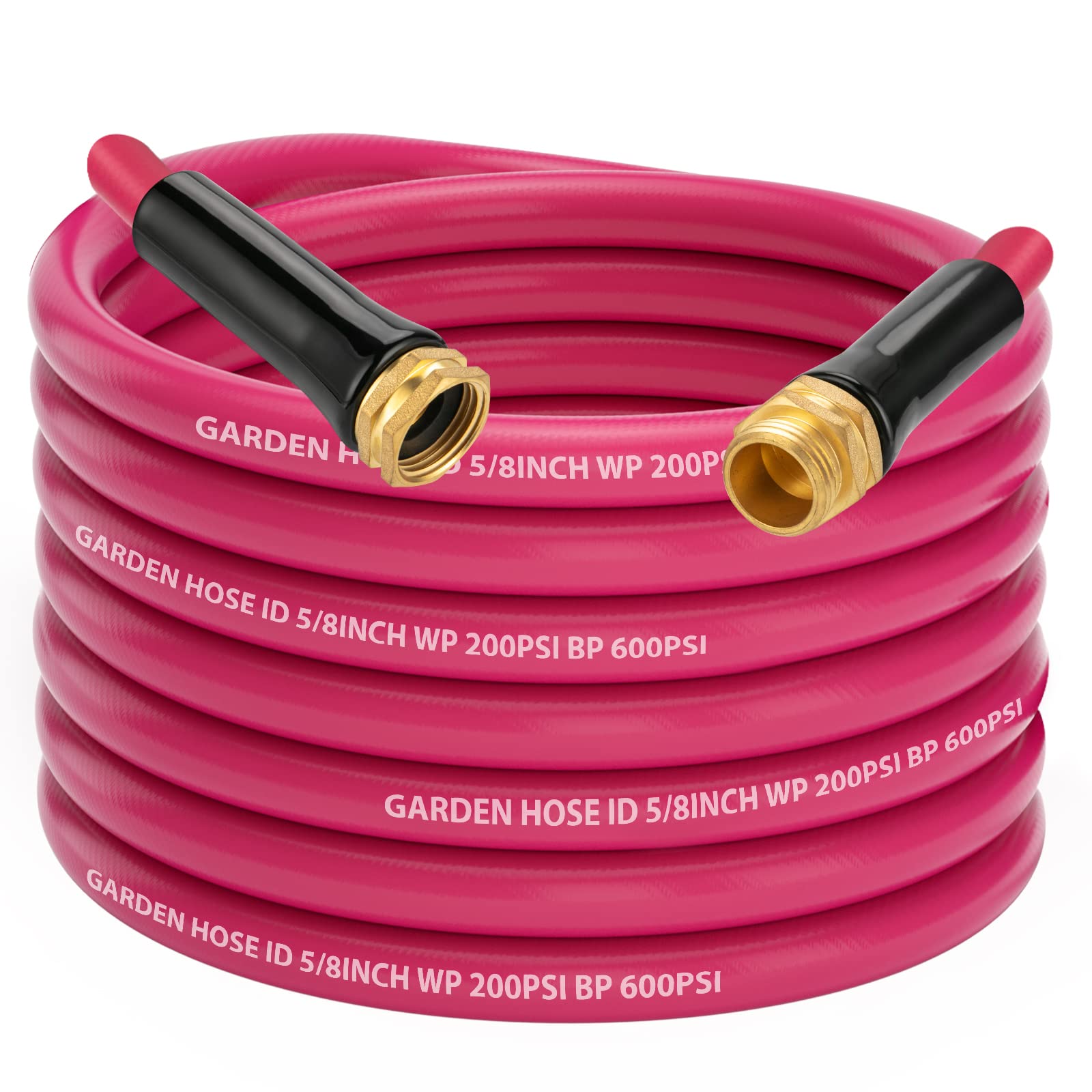 PAULINN Garden Hose 50 ft x 5/8 in, Heavy Duty Water Hose for RV Camper Boat Outdoor Lawn Yard, Drinking Water Safe, Flexible and Lightweight - Kink Free, All-Weather, Solid Brass Fittings, Rose Red