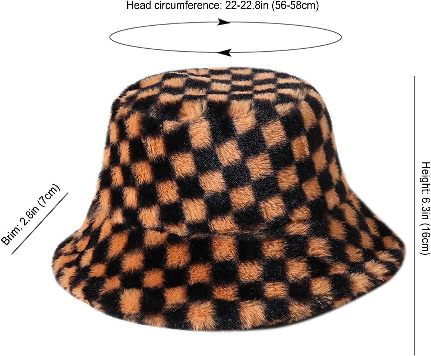 Womens Winter Fluffy Bucket Hat Checkered Pattern,Winter Faux Fur Bucket Hat Fluffy Warm Hat for Women Men - Image 5