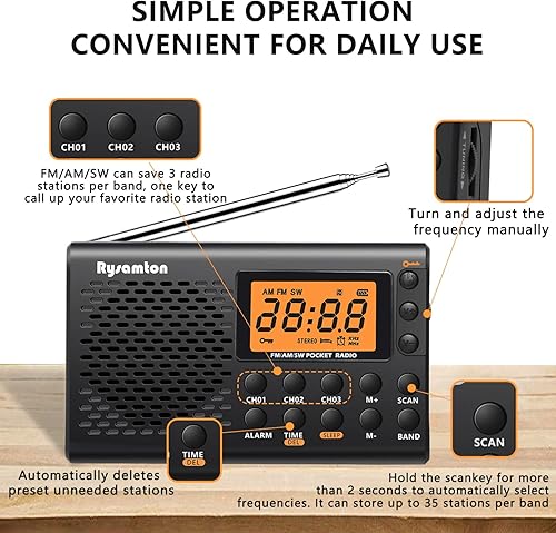 Miniatura 7 de Radio portátil AMFMonda corta, radios de bolsillo con pilas, pantalla digital grande, radio reloj con alarma y función de sueño, auriculares