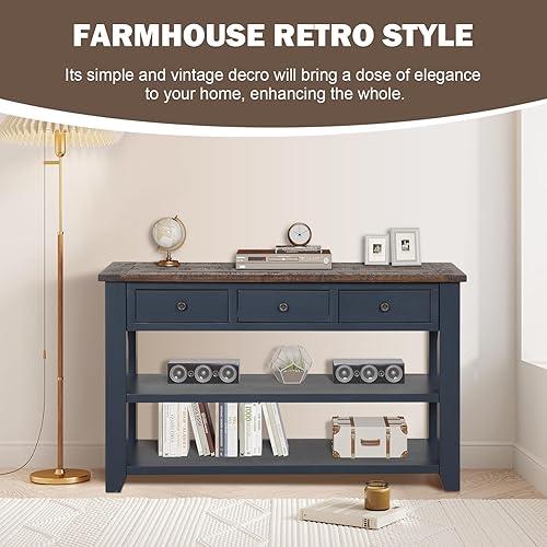 Miniatura 4 de INMOZATA Mesa consola de madera maciza de 48 pulgadas, mesa auxiliar de sofá de entrada estilo granja con 3 cajones de almacenamiento y 2 estantes