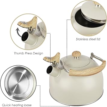 Whistling Kettle, 2.5L Stainless Steel Stove Top Whistling Tea Kettle with Wood Grain Handle, Teapot for Gas Hobs, Induction, Cooker and Electric Hobs (Beige)
