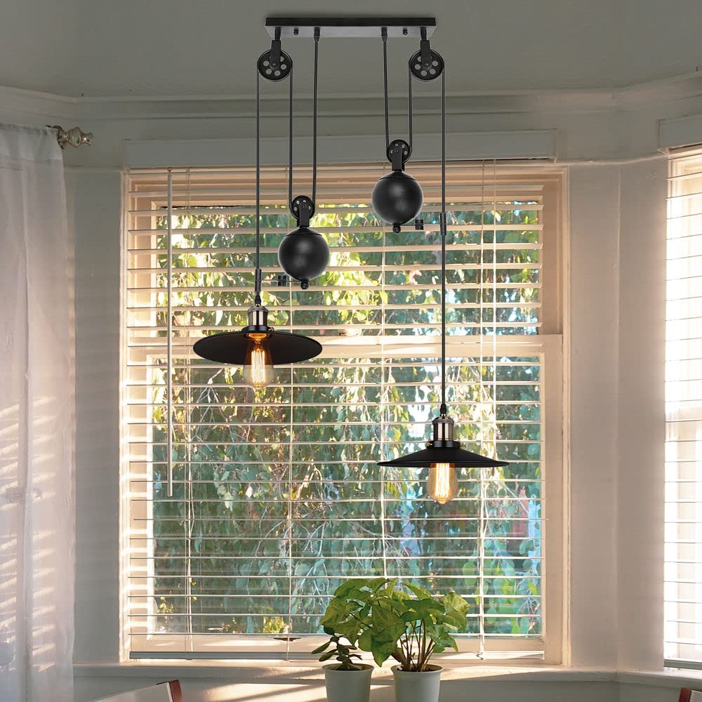 iDEGU 2 Lampes Lustre Industrielle Suspension Luminaire Vintage Plafonnier avec Poulie en Métal Lampe de Plafond Barre, Ø 26cm, Noir (système de poulie - 26cm)