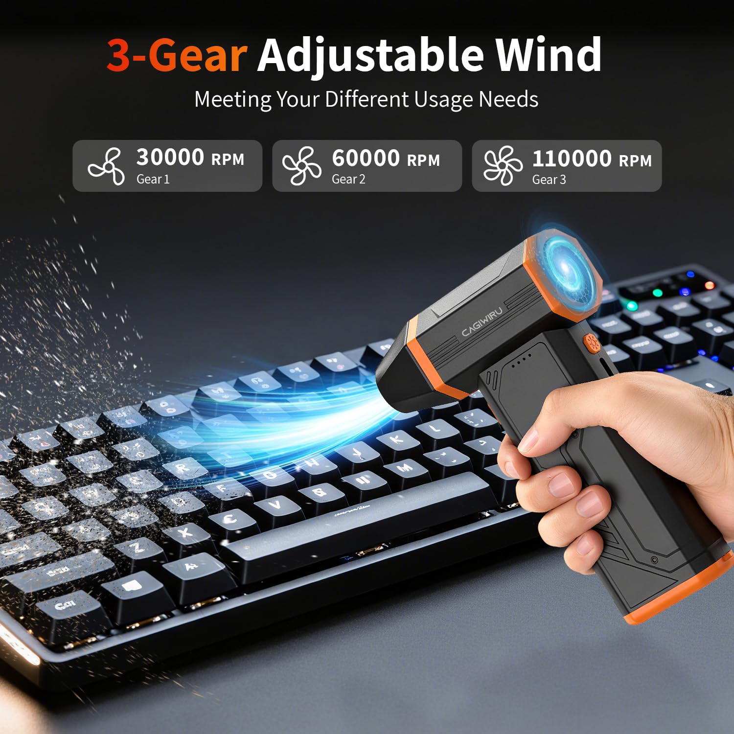 Plumero de aire comprimido, 300000 rpm, inalámbrico, eléctrico, soplador de motor sin escobillas recargable de 10000 mAh, ventilador turbo ajustable de 3 engranajes para computadora, coche, exterior y