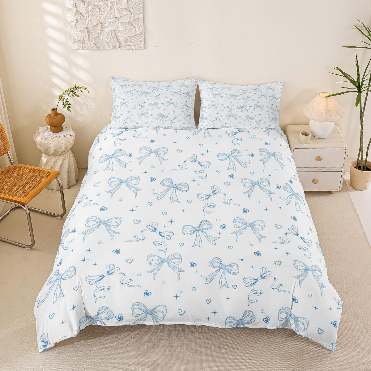 Homewish Set copripiumino per letto super king size con fiocco blu, per bambini, ragazze, adolescenti, donne, graziosi, cuori, stelle, decorazione