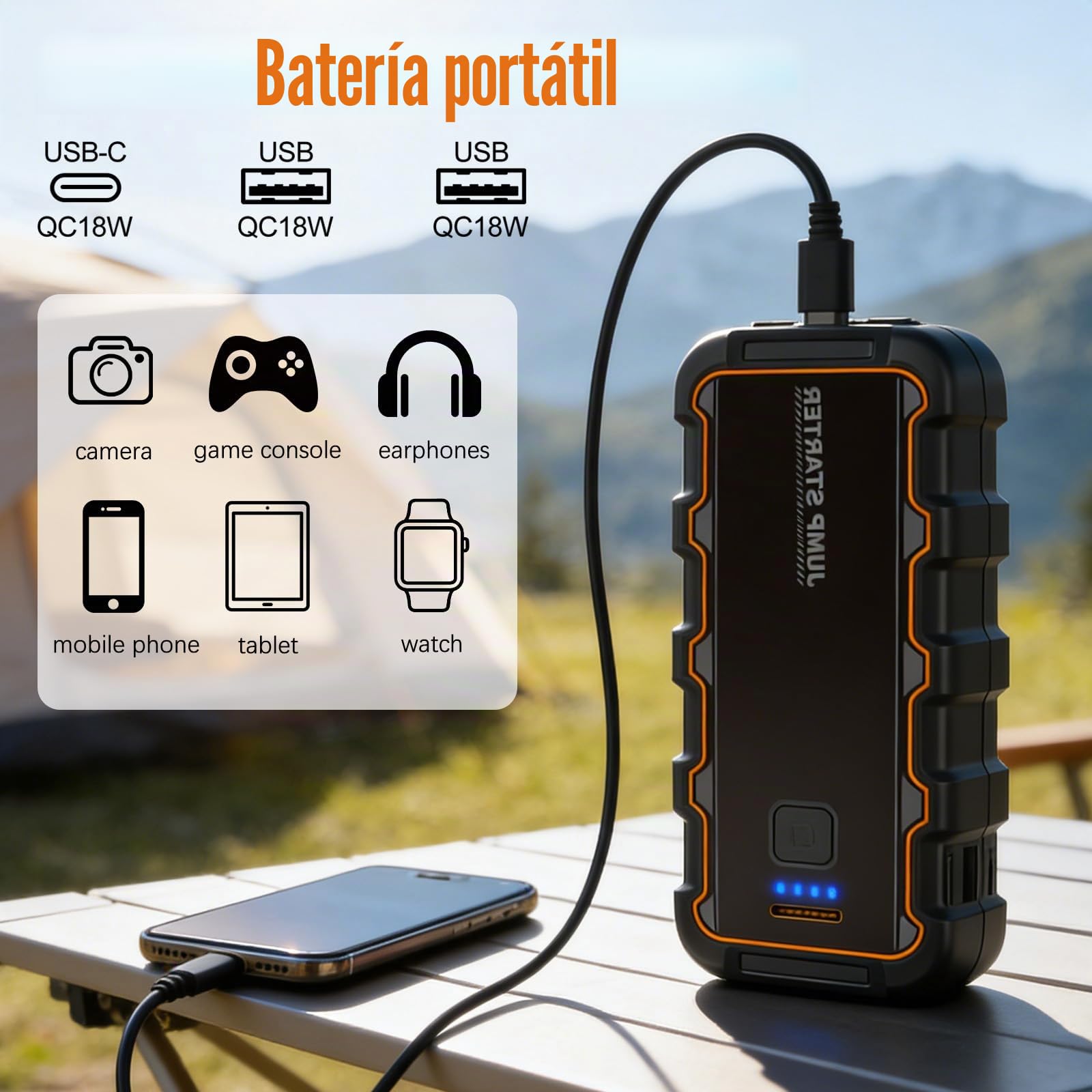 Arrancador De Baterias De Coche, 7000 A, 12 V Booster con Carga Rápida USB Y Linterna LED De Emergencia, Arrancador De Coches para Motor 6.0 L Gasolina O 3.0 L Diesel con Pinzas Bateria Coche