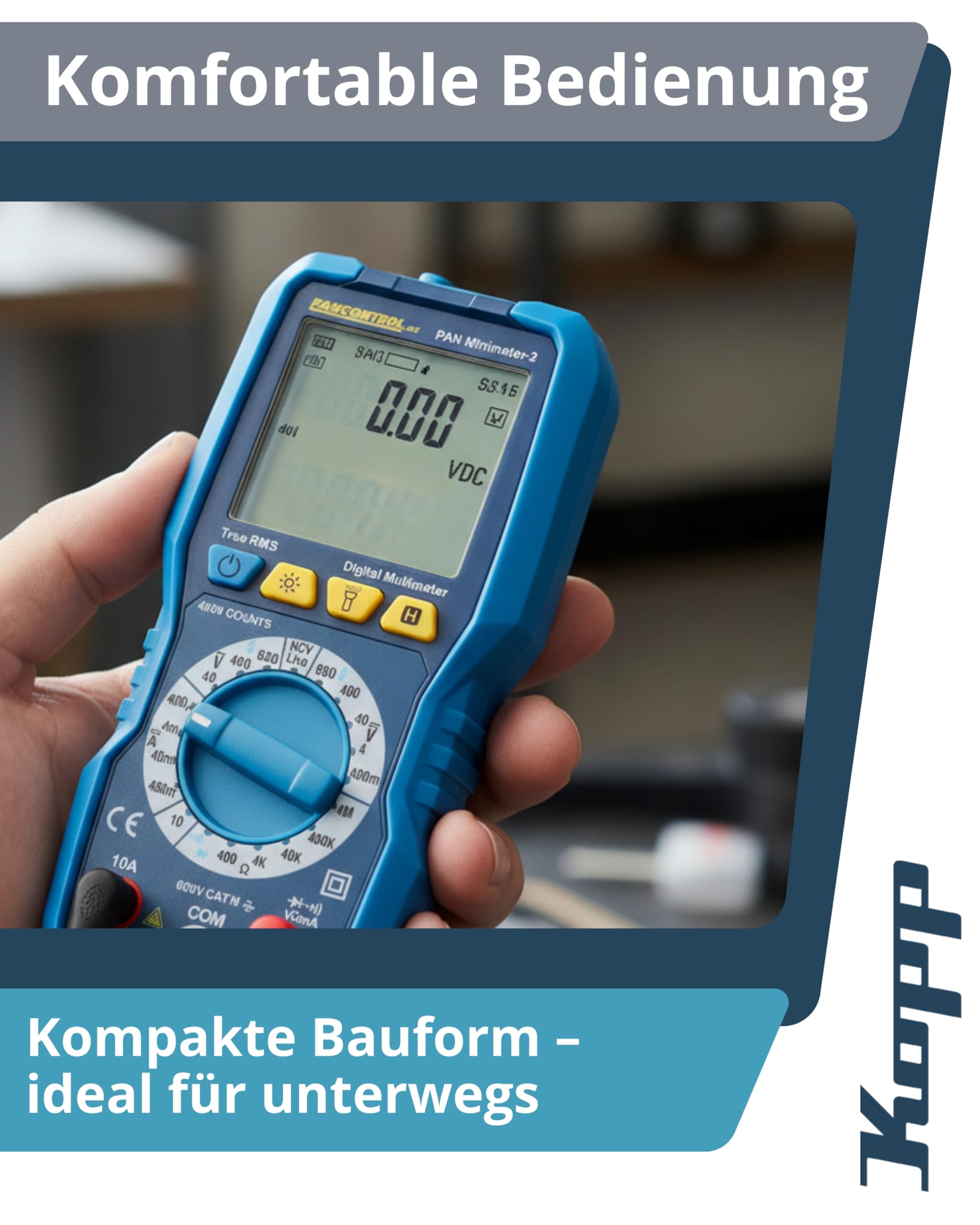 Kopp PAN Minimeter-2 Digital-Multimeter CAT III 600 V – Multimeter mit kontaktlosem Spannungs- & Durchgangsprüfer – Beleuchtete Anzeige mit Analogbalken – LED-Taschenlampe & TRMS