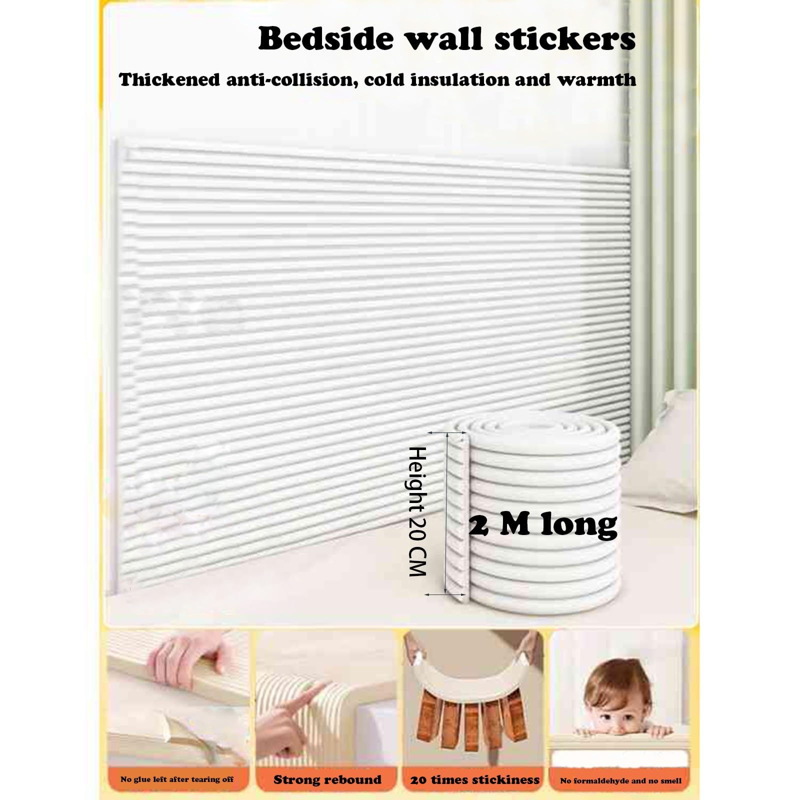 Wandpolster Kinderzimmer, Wandpaneele Gepolstert 200 x 20 cm Wandkissen Selbstklebend, Polsterpaneel Wand, Antikollision/Isolierung, Wandverkleidung Bett Kopfteil(Weiß,2 pcs)