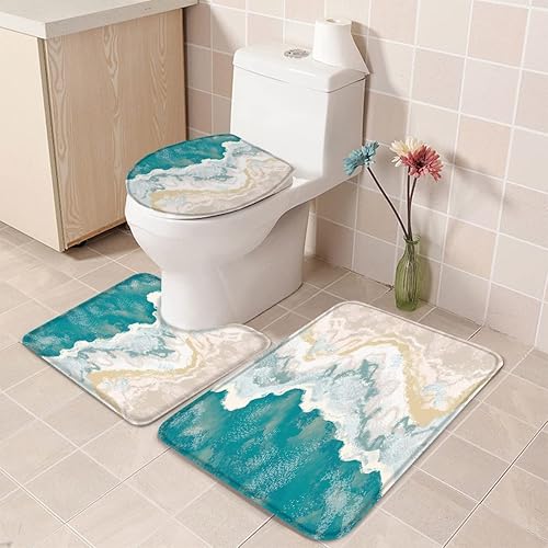 Bathroom Rugs Sets 3 Piece Bath Mat,Teal Sea Water Gradient Summer Beach Wave Soft Non-Slip Bath Rug Set,Absorbent Shower Rugs Toilet Seat Cover