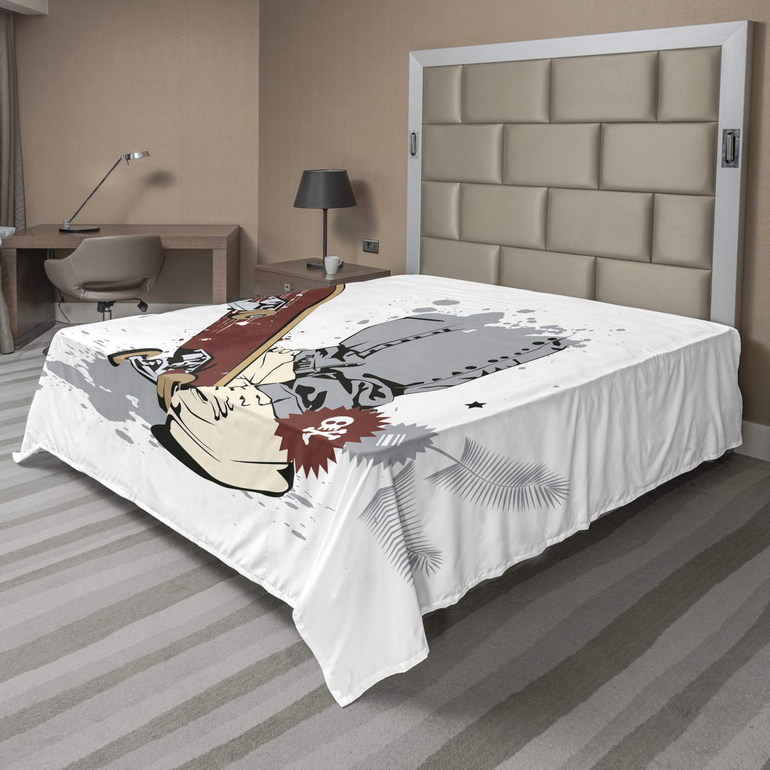 Ambesonne Skateboarder Flat Sheet, Modern Grunge Fashion Inspired SkateIllustration with Spots and Skull Art, Soft Comfortable Top Sheet Decorative Bedding 1 Piece, King Size, Brown and Cream