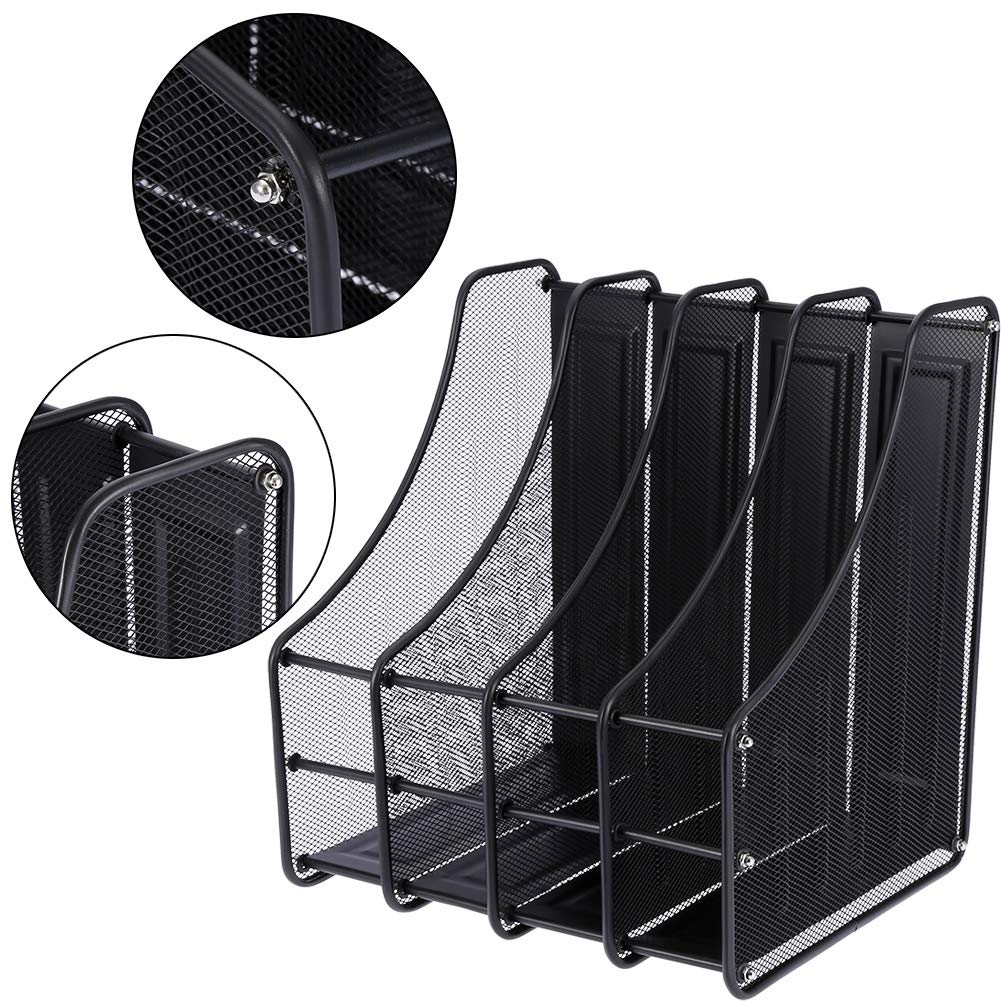 Organizer per portadocumenti in metallo con 4 slot, supporto verticale per ufficio, scrivania, casa, nero, 28x34,5x35 cm