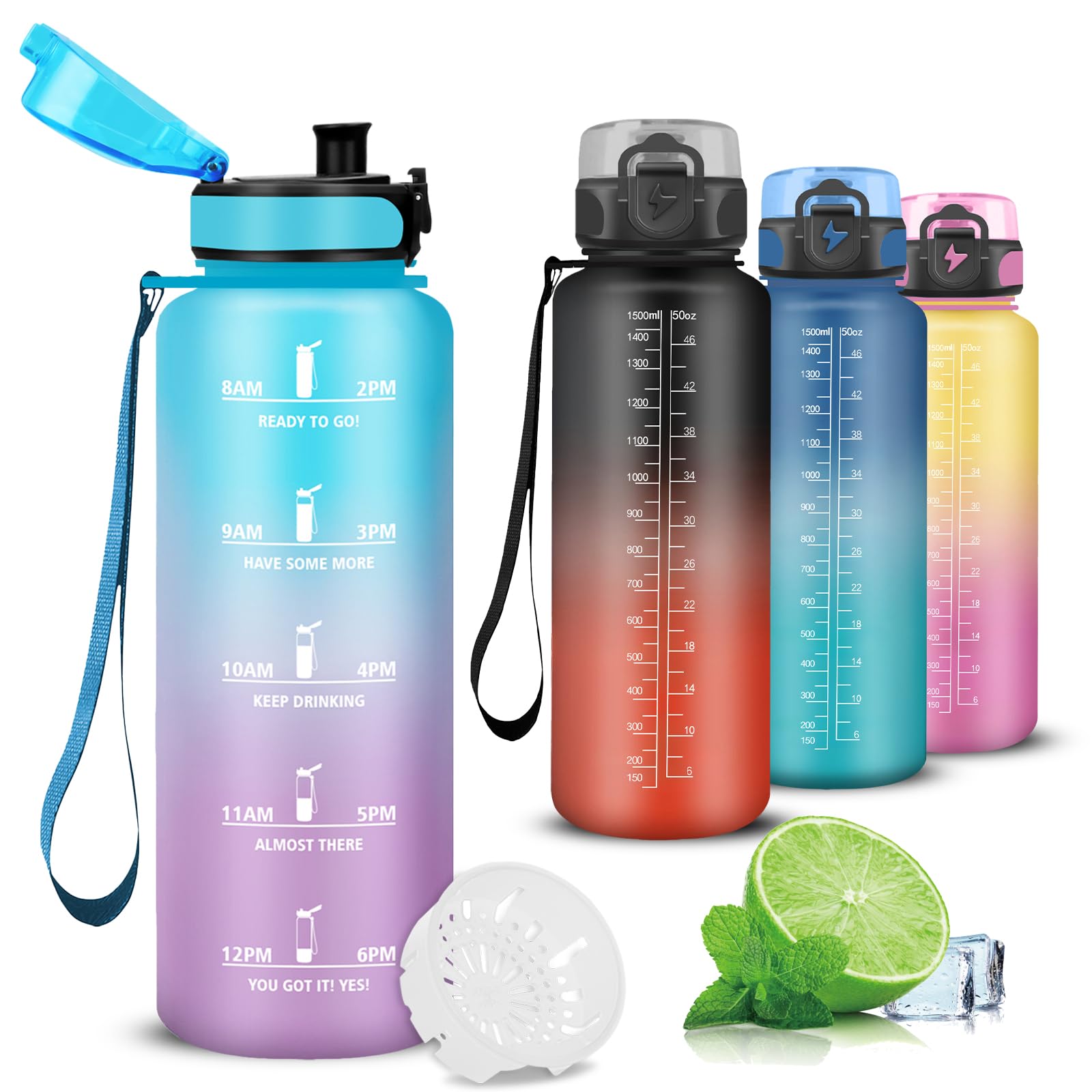 Mujigaga Trinkflasche 1.5 Liter, Trinkflasche Sport, mit Filter, Wasserflasche Auslaufsicher, Wasserflasche mit Motivierendem Slogan, für Fitness, Triathlon, Wandern, Camping, Yoga