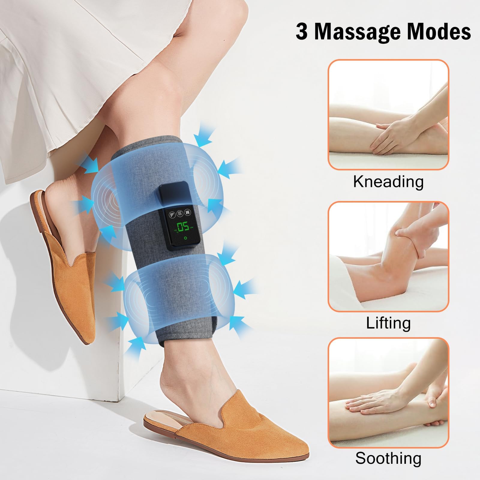 Massaggiatore Gambe Pressoterapia, 2 pcs Pressoterapia Gambe per Casa Senza Fili, 3 Modalità & Calore, Batteria 2500mAh- Per Rigidità Muscolare e Recupero Sportivo