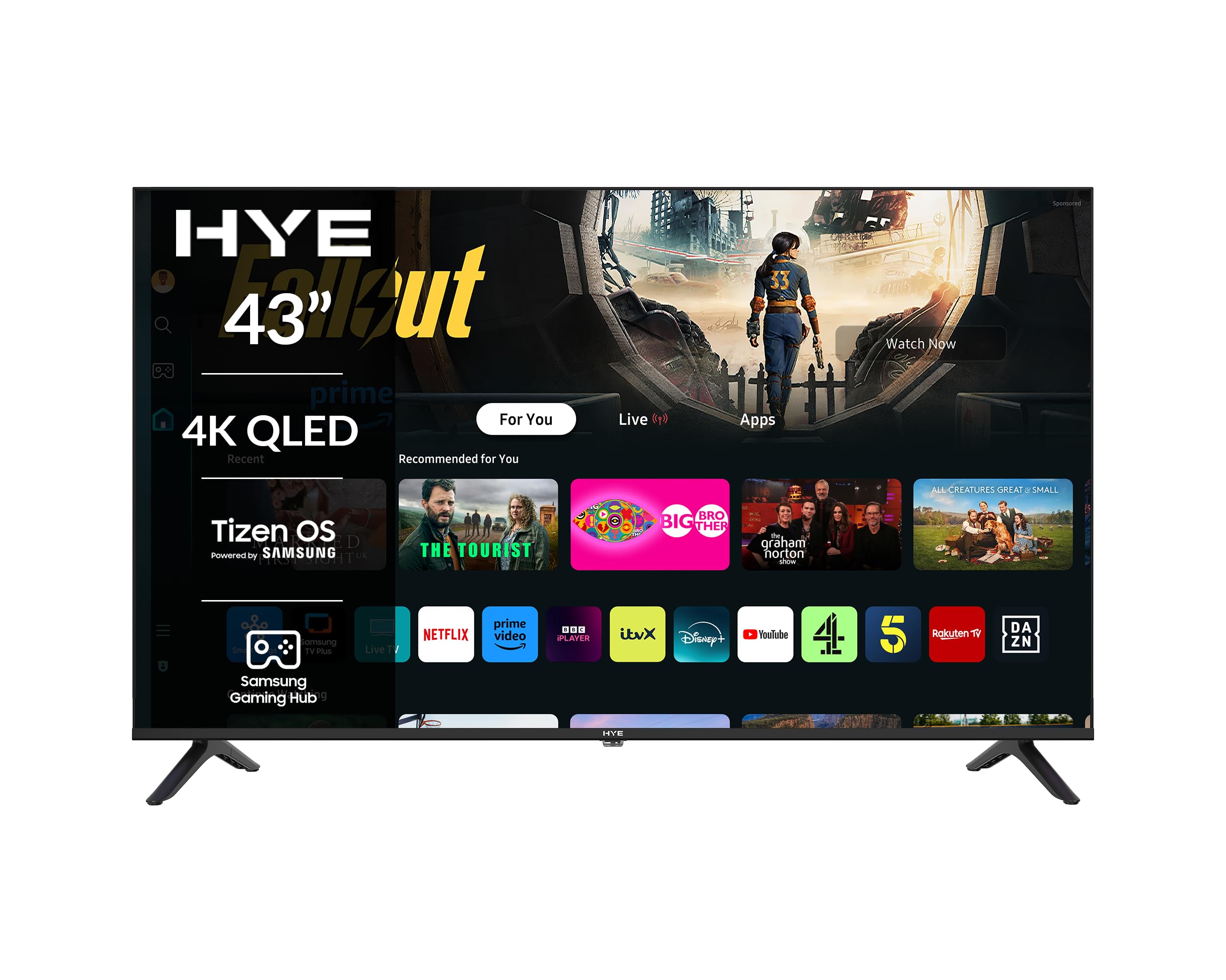 HYE 43 Inch TV QLED UHD Smart Television with Frameless Design, Bluetooth TV with Voice Control, Freeview, Wi-Fi, HDMI & USB Ports, Gaming Hub – 43QLEDS2008E