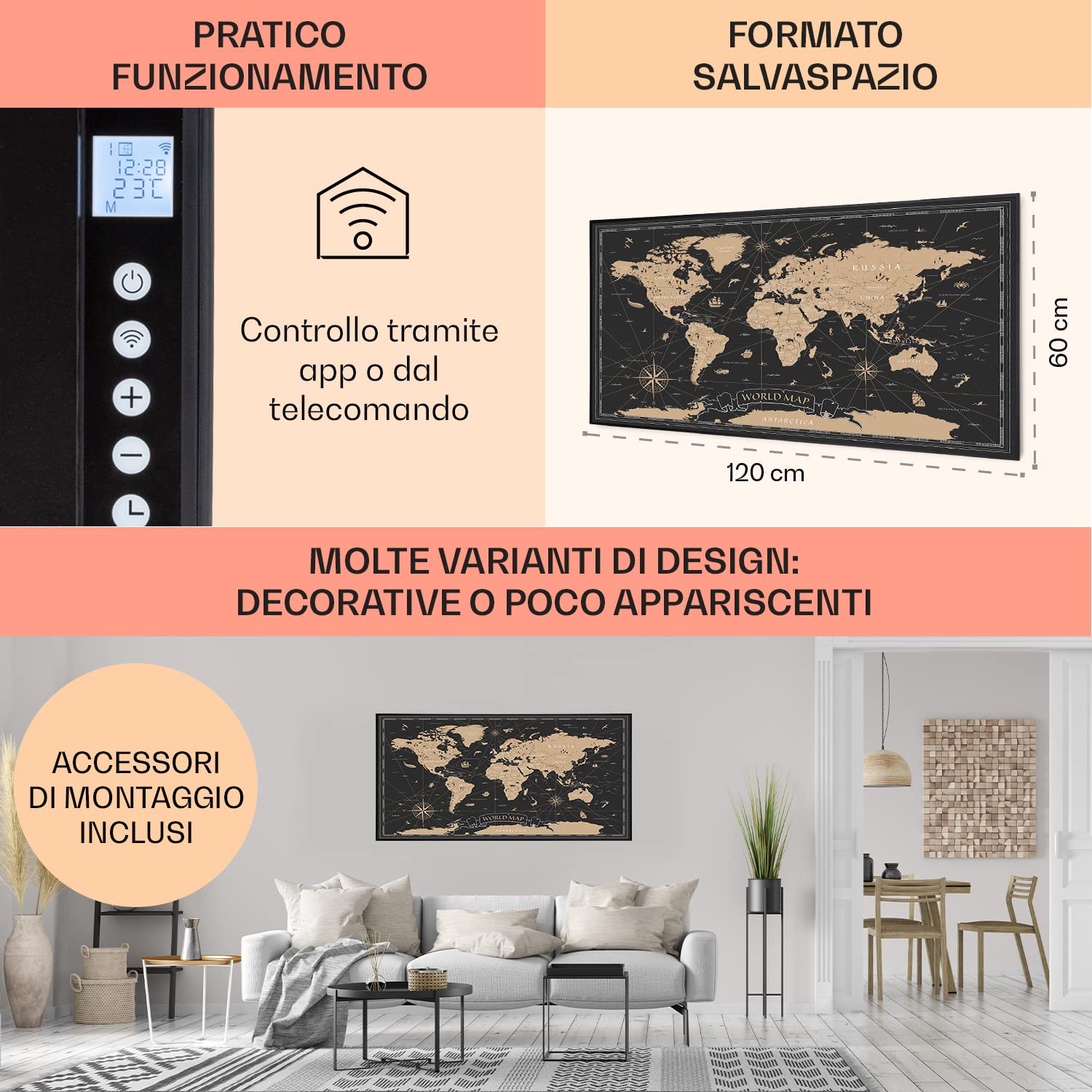 Stufa Elettrica A Infrarossi Klarstein Air Art Smart - Termoconvettore Da Parete 350W, Controllo App WiFi