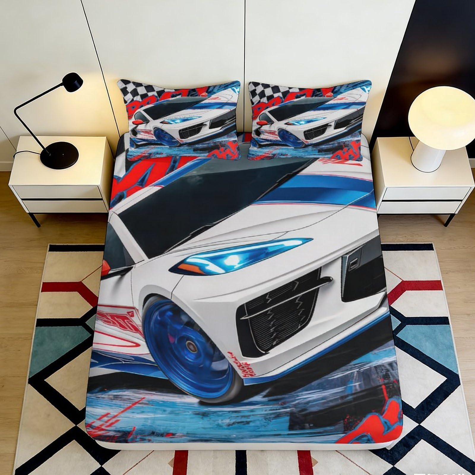 3D Printed Racing Car Fitted Sheet Microfiber Blue Graffiti Bed Cover Anti-Slip Machine Washable for Bedroom Dorm 120x200x25cm