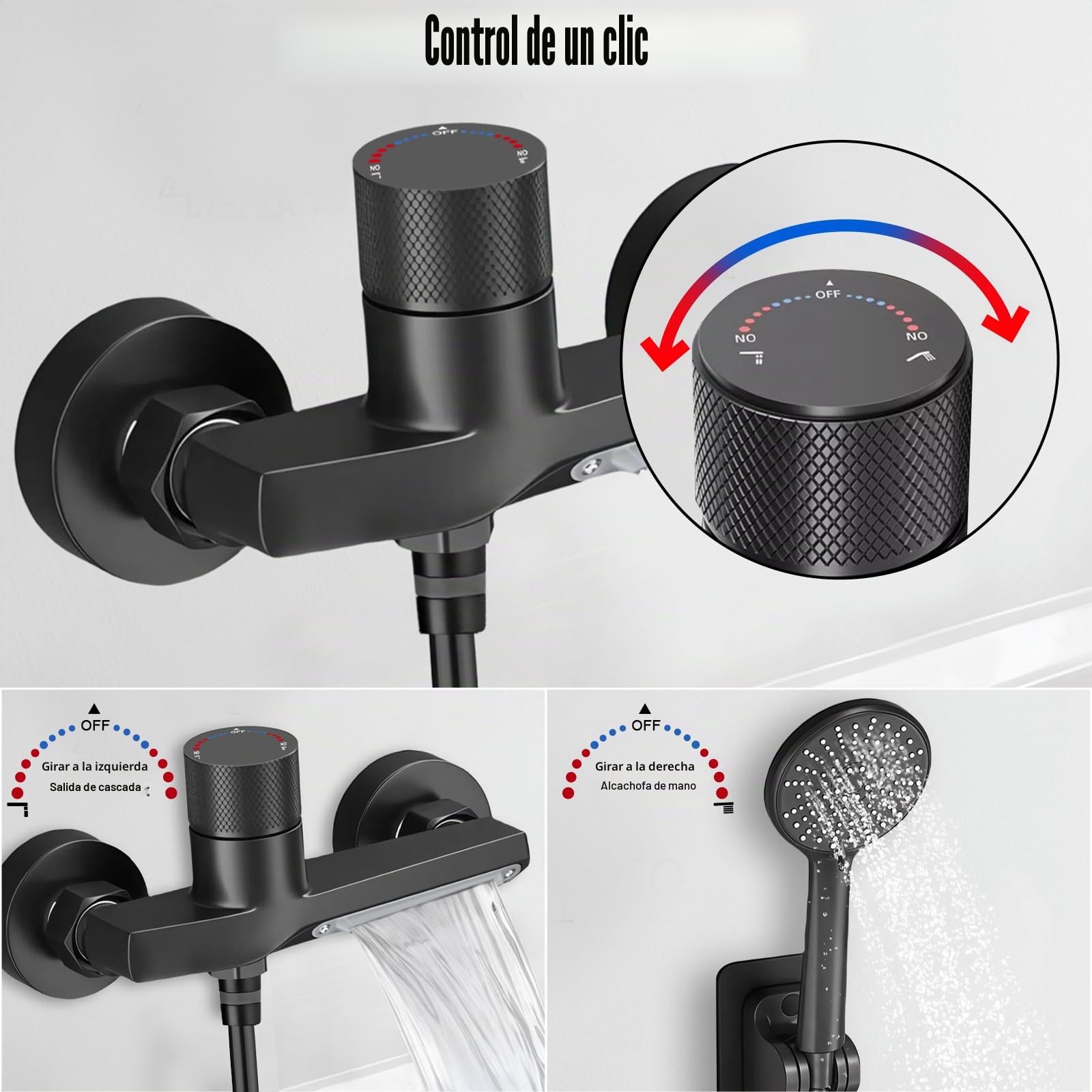 Grifo Bañera Negro en Cascada, Grifo Mural de Latón para Ducha y Baño, con Ducha de Mano de 3 Modos, Mezclador Monomando para Bañera Universal 1/2" Salida Inferior, con Soporte y Manguera de 1,5 m