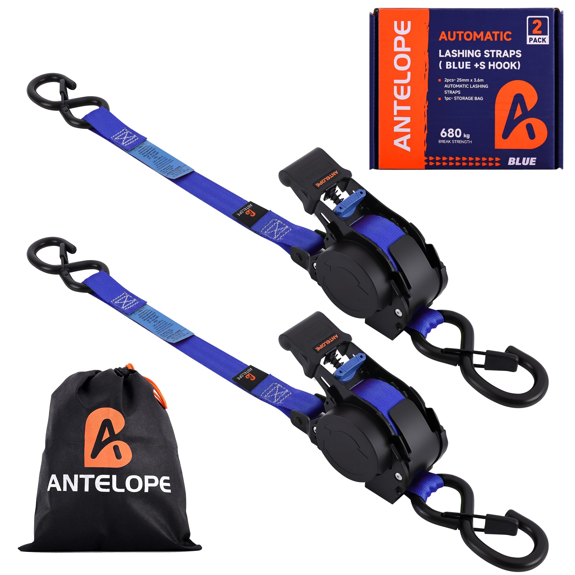 A ANTELOPE Automatik Spanngurt 3,6 m x 25mm, 2 Stück Automatischer Spanngurtaufroller, 340KG/680KG, Einziehbare Spanngurte mit Ratsche und S Haken für Motorrad, Kajak und LKW, Blau
