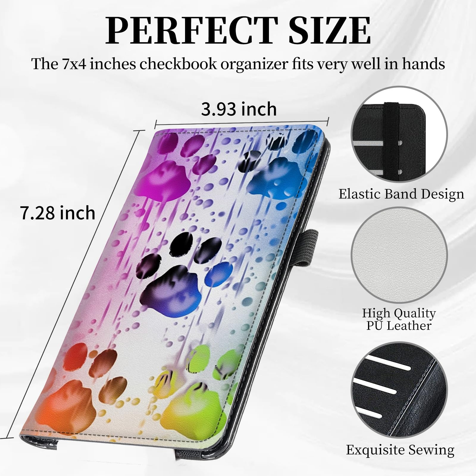 CGFGHHUY Check Book Cover for Personal Checkbook Watercolor Dog Paws Pattern Design PU Leather Checkbook Cover for Men Women with Card Slots & Pen Holder and Elastic Strap for Duplicate Checks