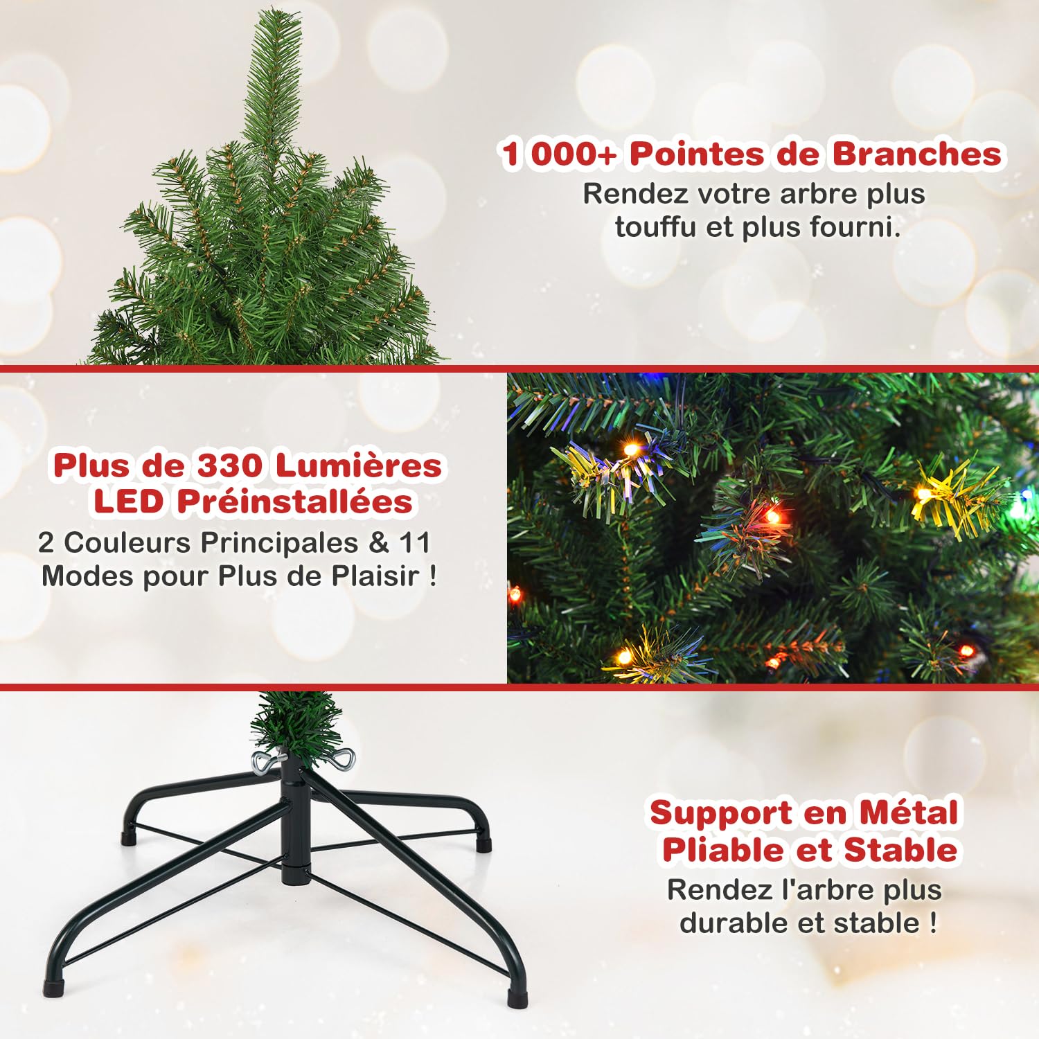 GOPLUS Sapin de Noël Artificiel Lumineux 180 CM, LED Lumière 4 Couleurs et Blanche Chaude, 11 Modes d’Éclairage, Feuilles en PVC, Support en Fer, Vert