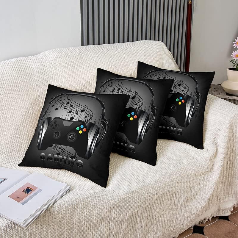 Miniatura 4 de Juego de 2 fundas de almohada con estampado de consola de videojuegos, para el hogar, sala de estar, notas temáticas musicales reversibles, color
