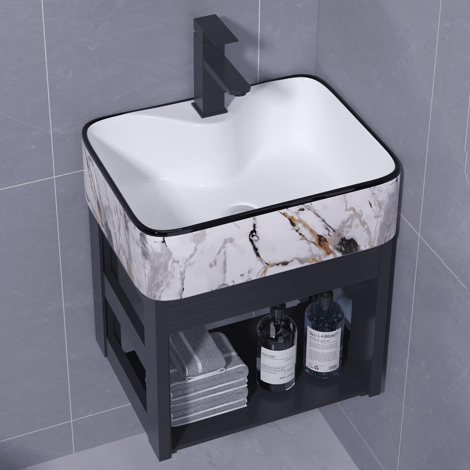 Lavabo de porcelana de baño suspendido con armario moderno abierto