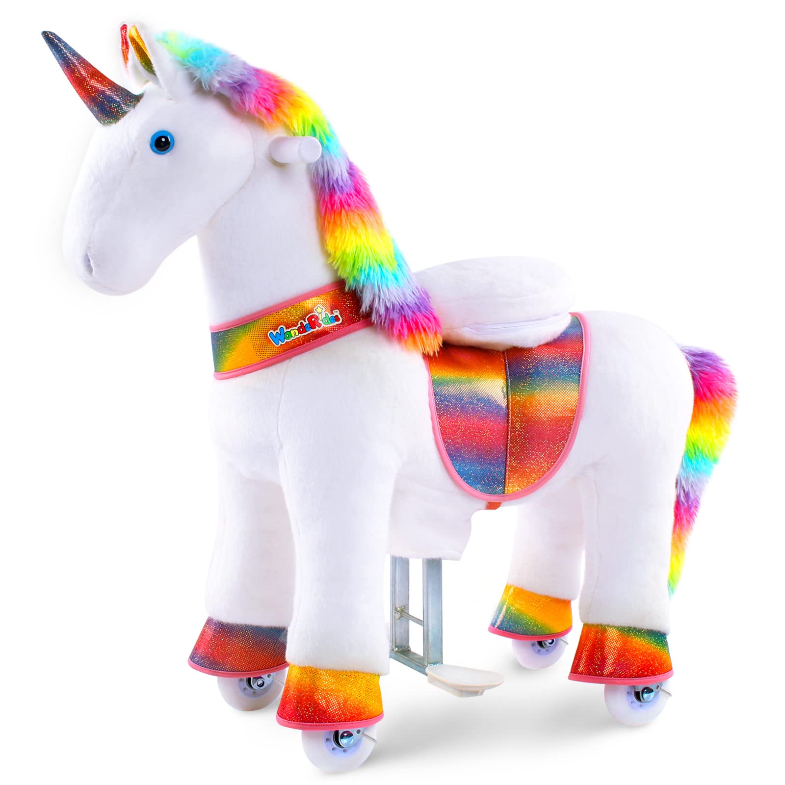 Wonderides Ride On Rainbow Unicorn Toys For Girls Ride On Horse Riding Pony Cycle Toy For Toddlers For 3-5 Yrs Old (Size 3,30.1 Inch) Plush Walking Horse Rocking Mechanical With Wheels-Multicolor