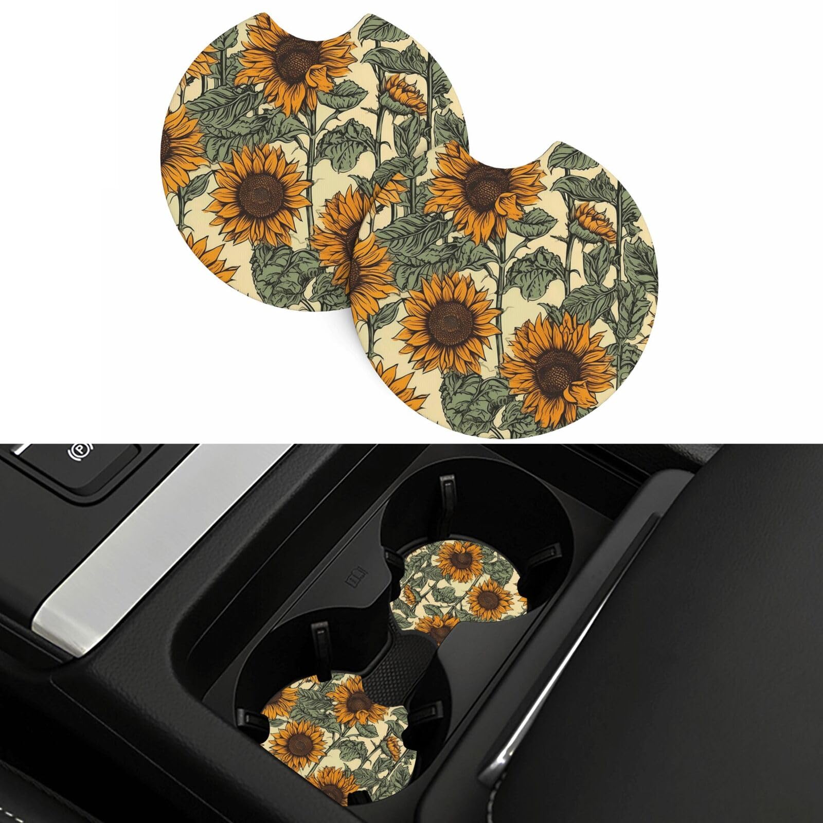 Romantic Sunflowers Car Coasters 2 Pcs, Universal Non-Slip Rubber Car Cup Holder for Cup Holders, 2.75 Inch Neoprene Cup Pad Mat Coaster Car Interior Accessories for Women Men