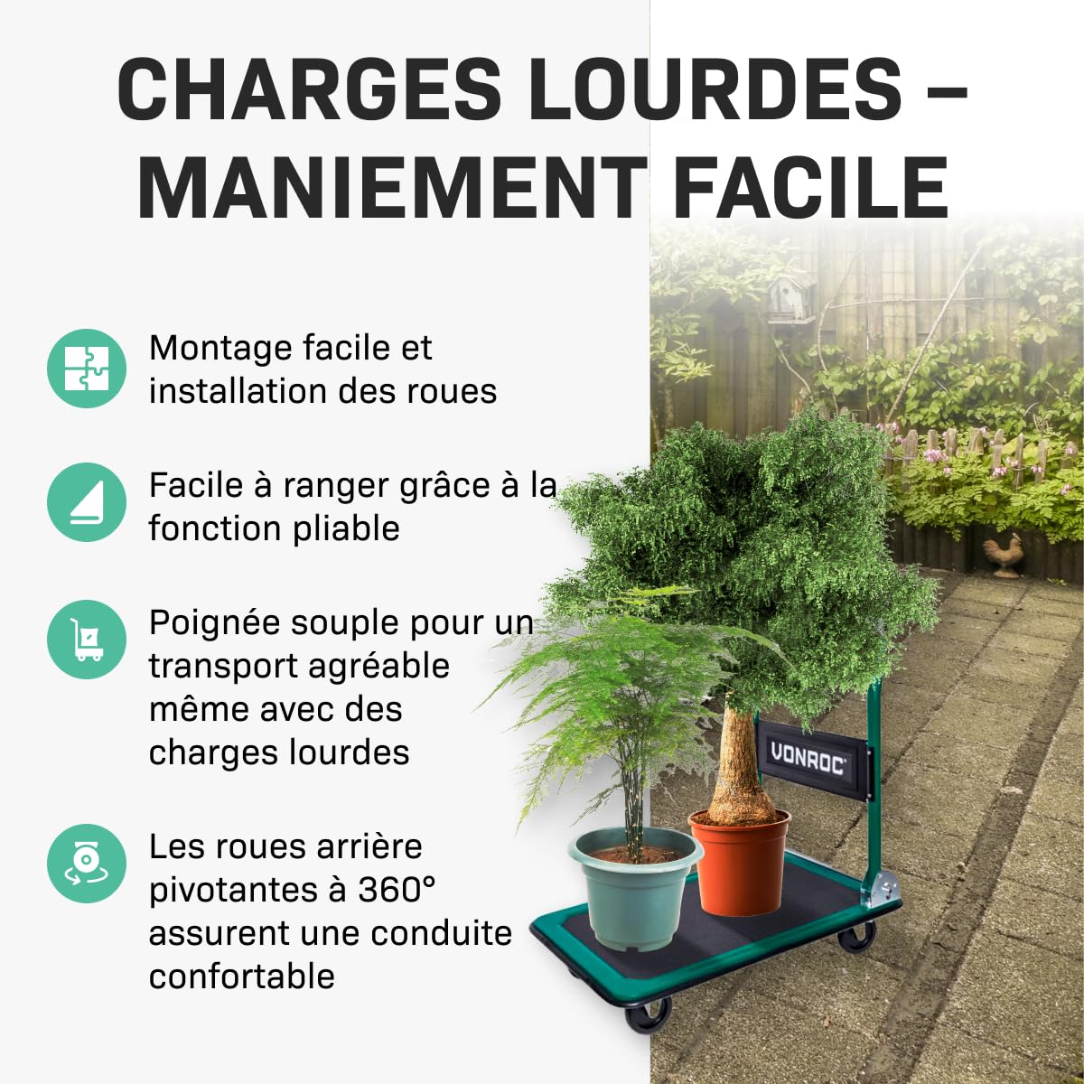 VONROC Chariot Plateforme Pliable 150 kg – Plateau Antidérapant 47 x 73 cm – 2 Roues Pivotantes 360° – Poignées Softgrip – Chariot de Transport pour Atelier, Déménagement et Usage Professionnel