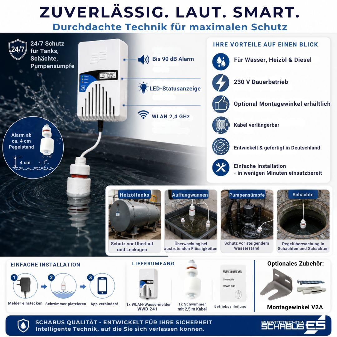 Schabus Wassermelder WWD 241 Smart mit Minischwimmer, 230V, einfache Installation (Schukostecker), akustische (90dB) und optische Warnung, zudem Push Meldung bei Anbindung an Smart-Life App