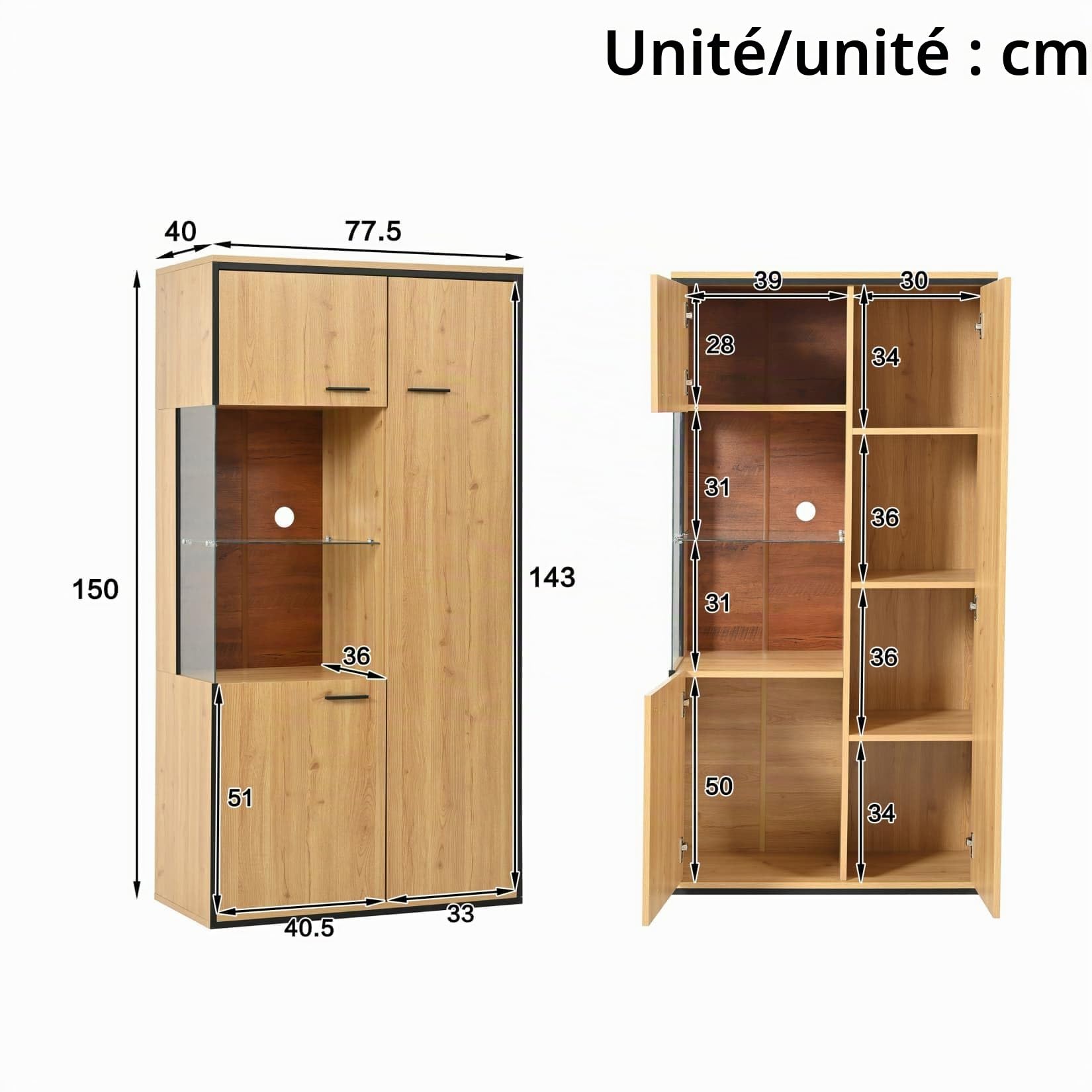 PUGSDRLY Vitrine Moderne éclairage LED,Armoire de Vitrine Salon avec étagère en Verre,Armoire Moderne Polyvalente avec Grand Espace,Meubles de Rangement pour Cuisine Salon et Bureau (Natural)