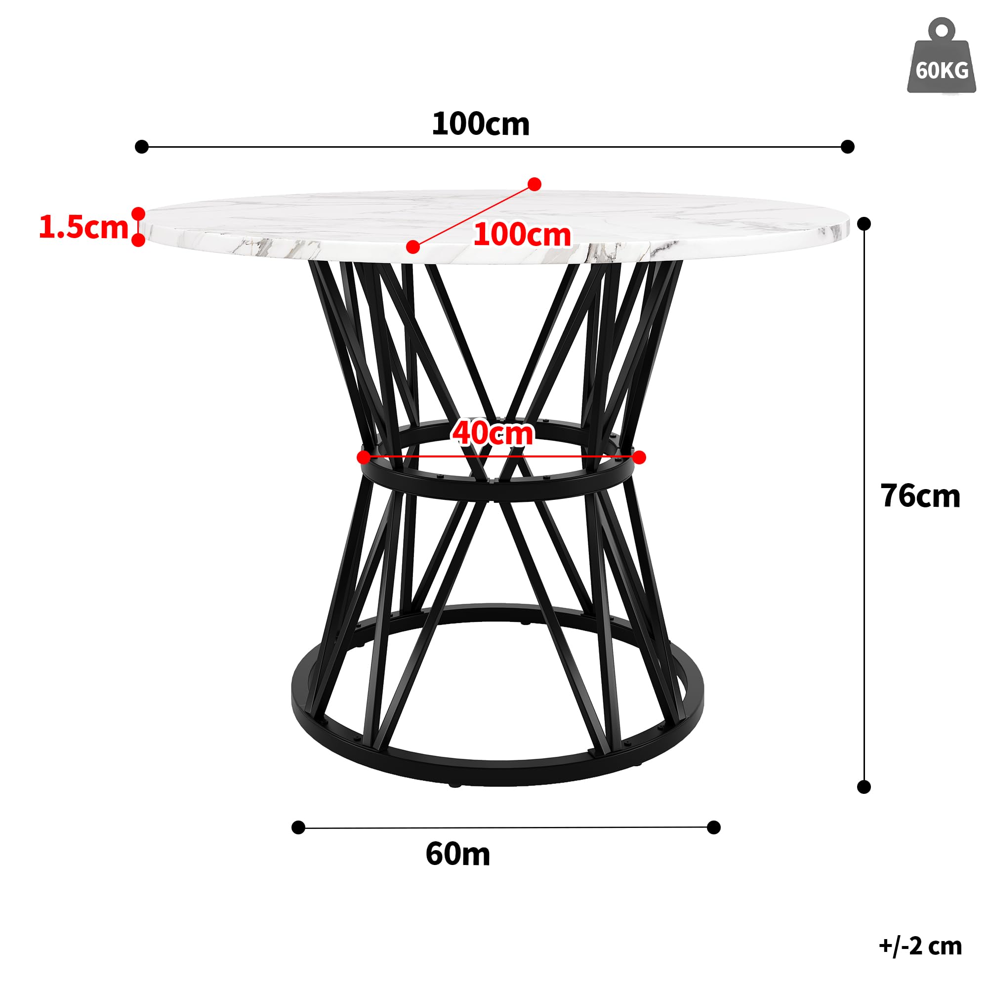 ModernLuxe Table à Manger Ronde 100×100 cm, Plateau MDF Imitation marbre Noir, Table Cuisine Design 4 Personnes, Salon et Salle à Manger Moderne