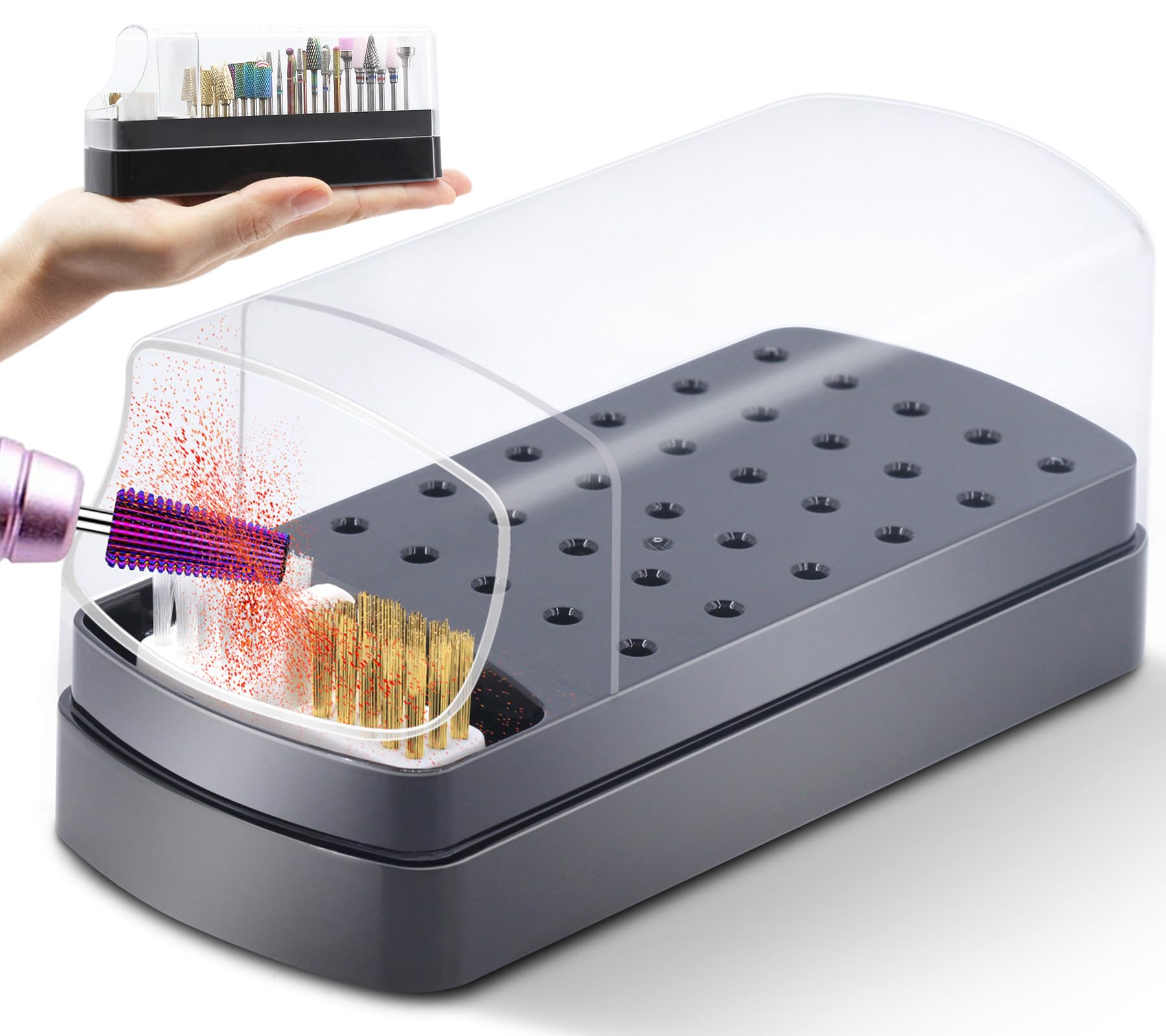 Large 2 in 1 Nail Drill Bits Holder with Nail Drill Bits Cleanser, 30 Holes Dustproof Drill Bits Stand Displayer Organizer Container Manicure Tools - Black