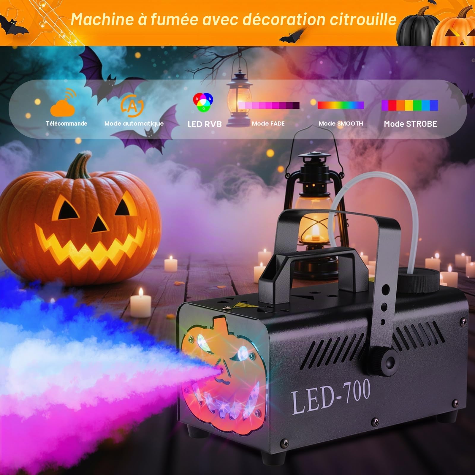 MAMIZO Machine à Fumée Halloween à Citrouille, avec 9 LED RGB et 13 Couleurs, 5000 CFM Fumée Halloween, Machine à Brouillard avec Fonction Auto-Spray, Portable, pour Halloween, Noël et Fêtes