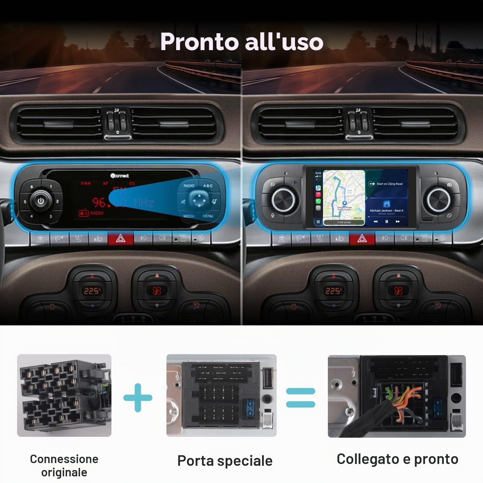 Autoradio Linux per Fiat Panda 2013-2025 con CarPlay Wireless e Android Auto, avvio in 2 secondi, comandi fisici tramite manopola, audio di livello OEM, Porta ISO Plug & Play Stile OEM