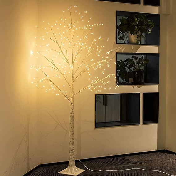 EAMBRITE 6FT White Christmas Tree Lights PreLit Birch Twig Tree with 288 Warm White LEDs Mains