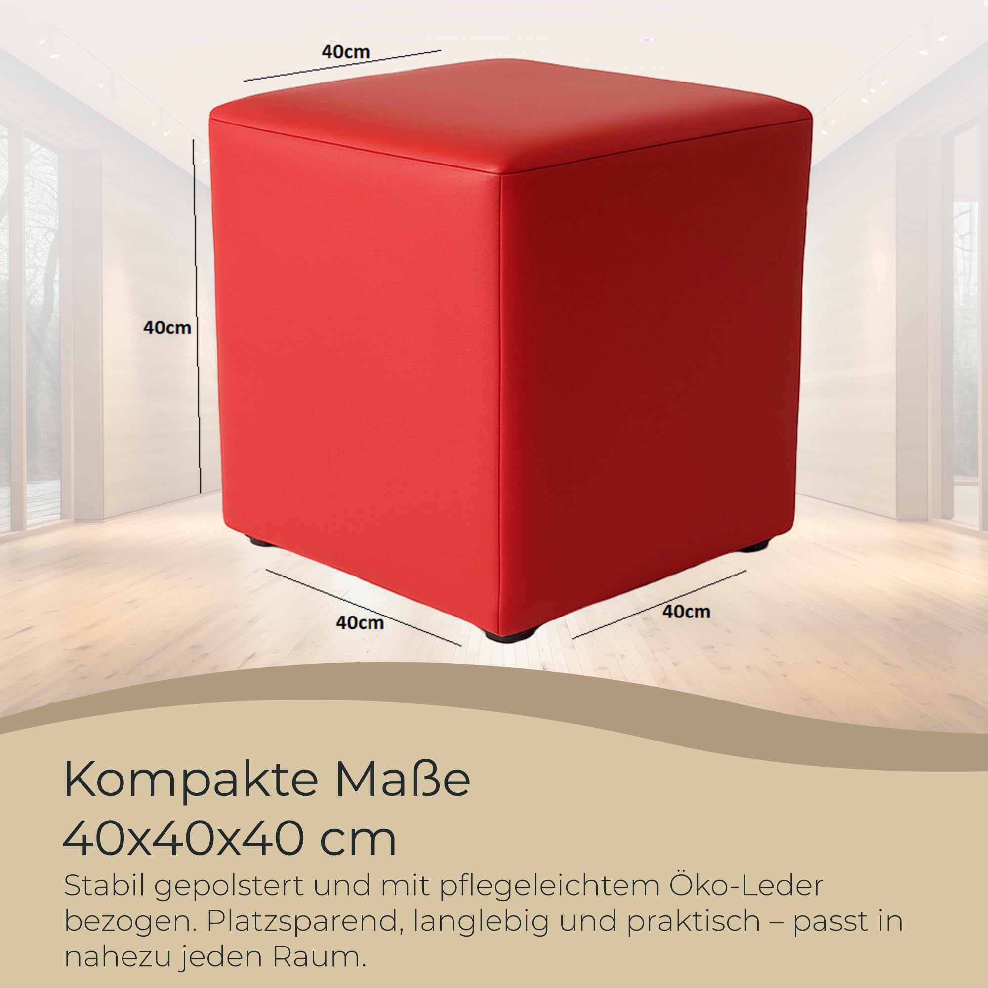 Hocker Wohnzimmer Sitzhocker - Quadratisch 40 x 40 cm - Sofahocker - Öko-Leder - Schwarz
