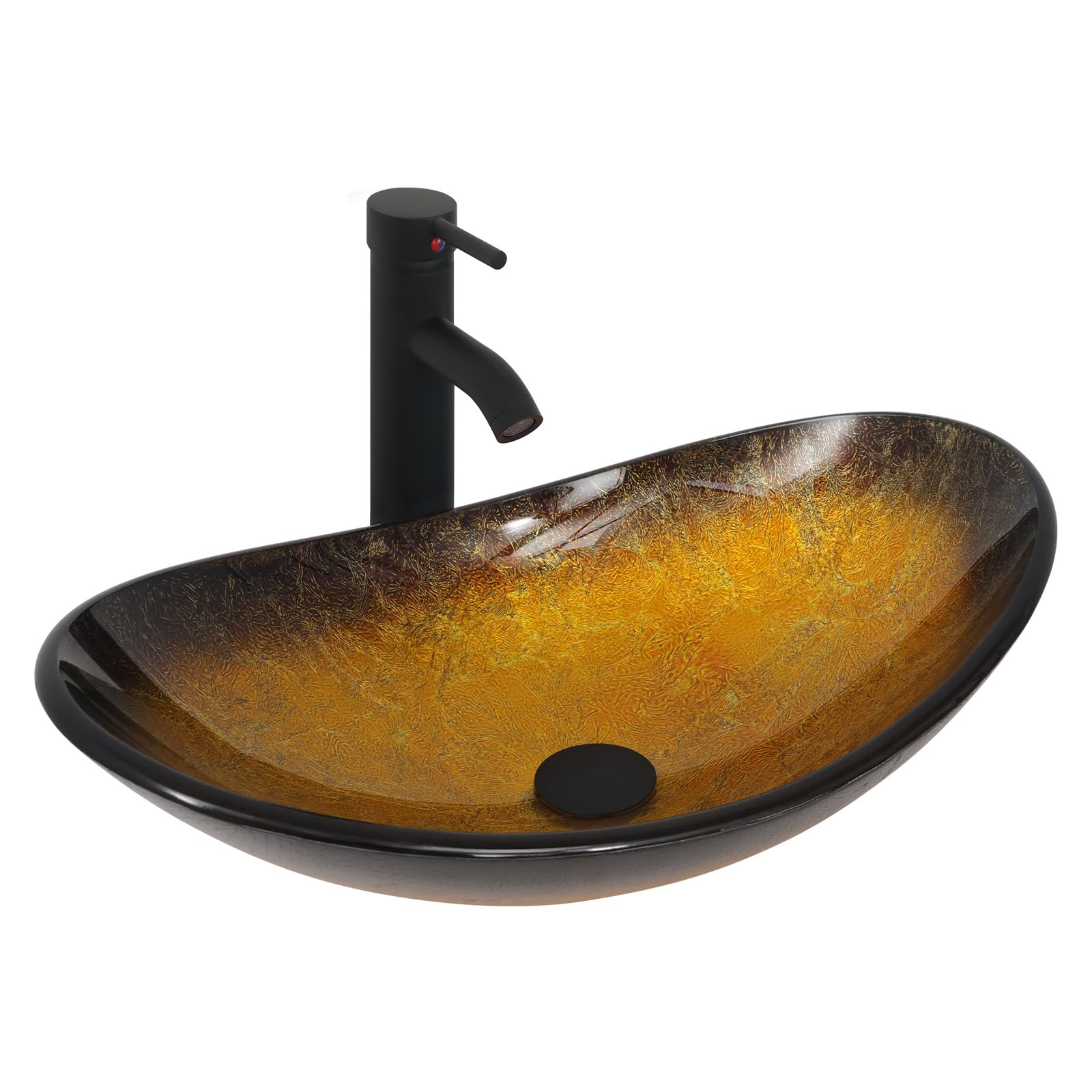 ZealWe Waschbecken Aufsatzwaschbecken Glas, Waschbecken Aufsatz Waschschale Oval für Badezimmer, Handwaschbecken Gäste WC 53 × 35 × 15 cm Waschtisch Waschplatz, Schwarz Gold