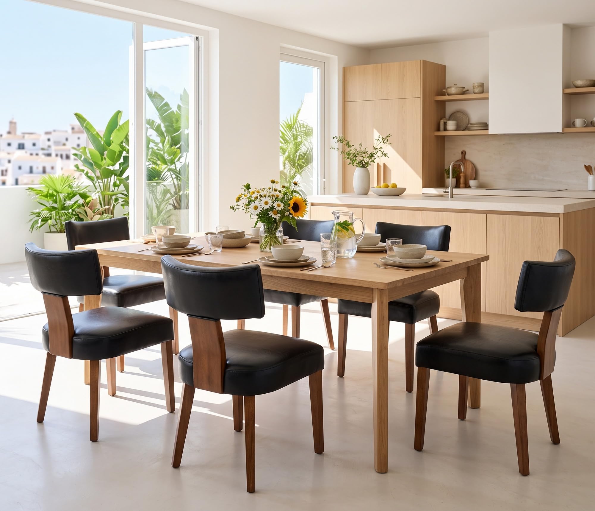 RIVOVA Mid Century Modern Dining Chairs Set of 6 PU Leather Upholstered Side Chairs, Modern Kitchen Armless Parson Chairs Solid Wood Dining Chairs, Black