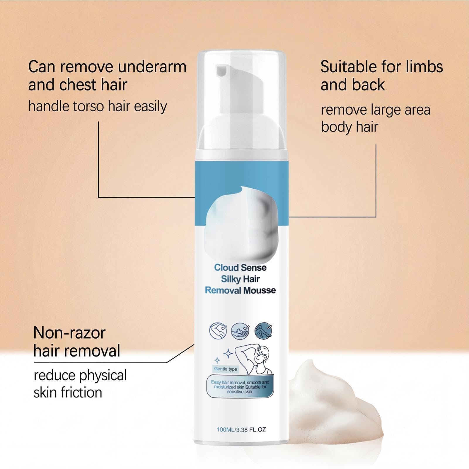Mus do usuwania włosów, Cloud-Like Depilatory, delikatny spray z formułą łagodzącą, przenośna butelka o pojemności 100 ml, akcesoria do pielęgnacji, gładka pielęgnacja bikini, nóg, ramion, ramion