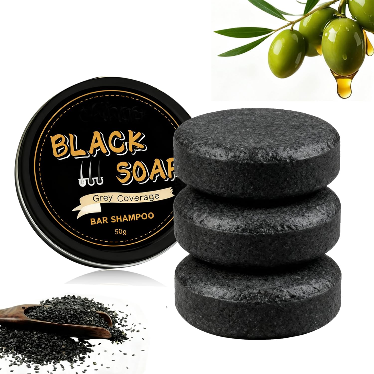 Gray Hair Reverse Bar Soap, Black Shampoo Bar for Hair & Beard Darkening, Herbal Black Soap for Men & Women Gray Hair Coverage, Deep Clean & Nourish the Scalp 3Pcs