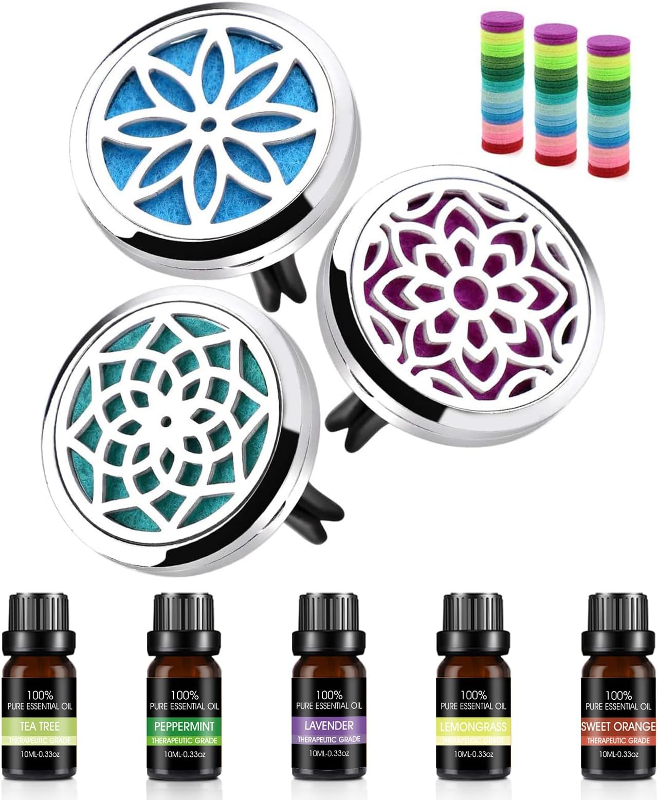 ttstar Car Diffuser Vent Clip - 30mm Aromatherapy Essential Oil Car Diffuser Vent Clips Set with 6 Essential Oils and 36 Refill Pads, Aromatherapy Gift for Women Girls, Mom(3 Lotus Vent Clips, Metal)