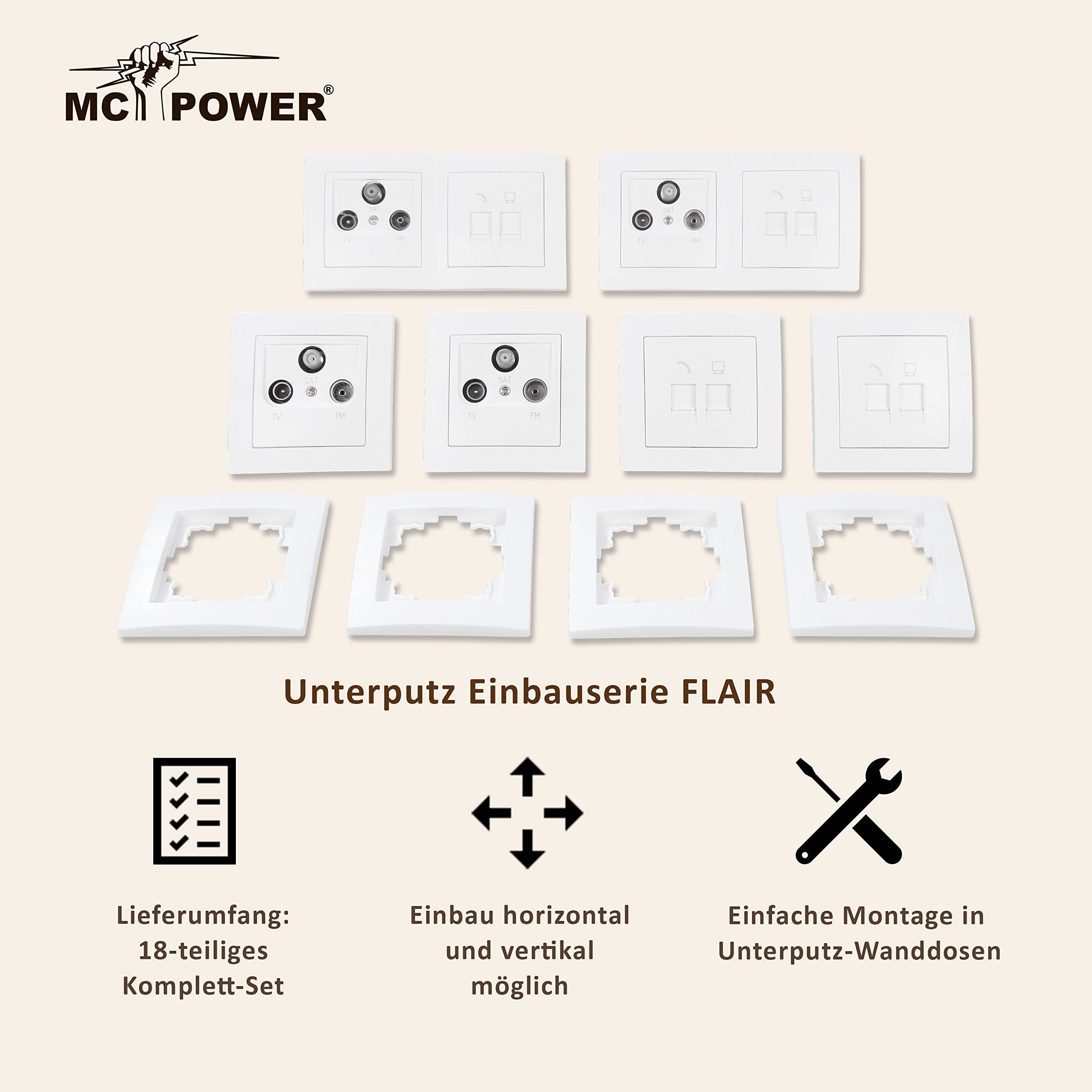MC POWER - FLAIR - Wand-Steckdosen Set I Multimedia I 18-teilig I Antennendose, Netzwerkdose, Telefondose mit Rahmen weiß, matt