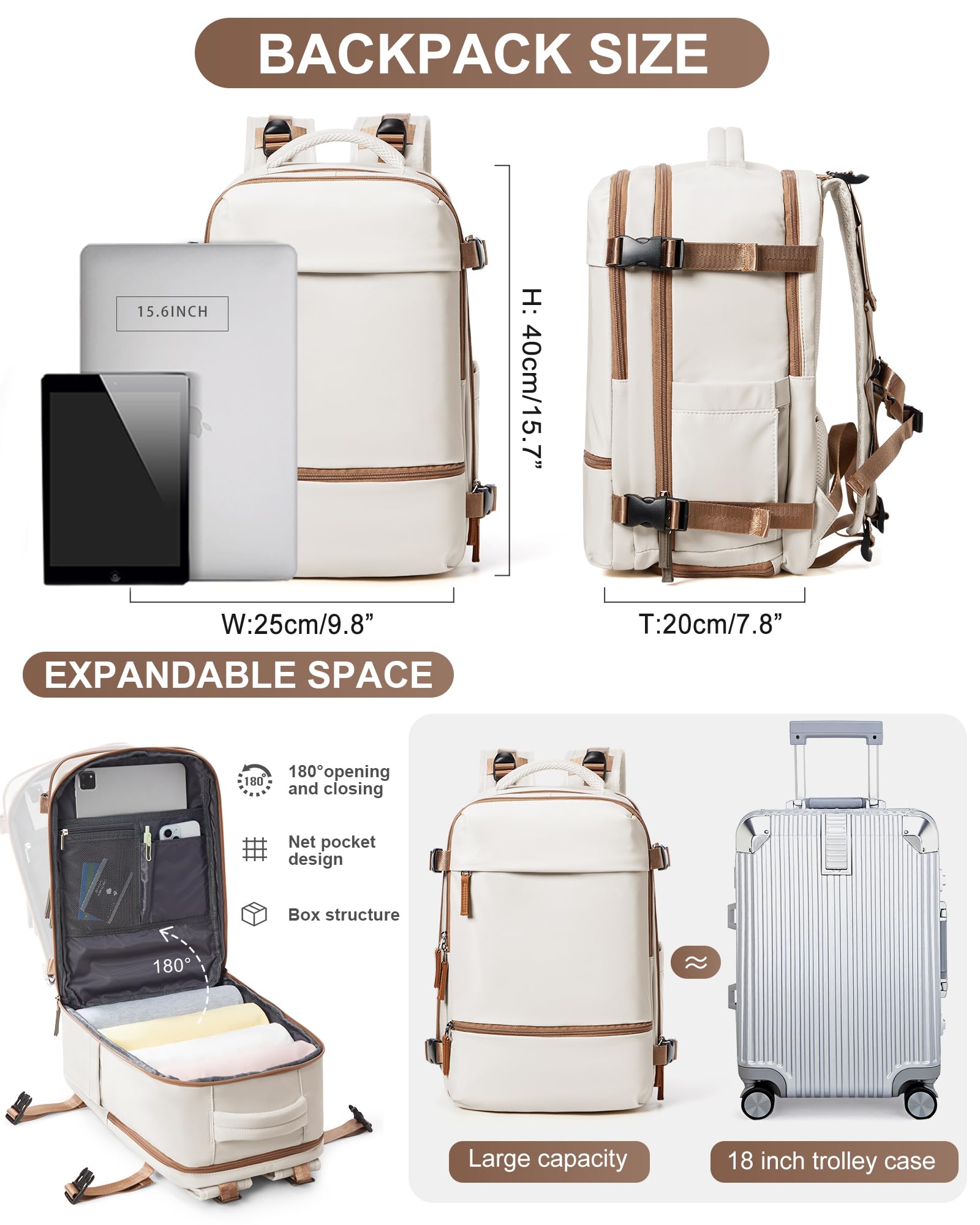 Zaino da Viaggio per Ryanair 40x20x25 Bagaglio a Mano Zaino Borse da Cabina per Ryanair Il Sedile Zaino Aereo Bagaglio a Mano Donna Borsa Cabina Viaggio Zaino Viaggio Casual Daypack,K4-Marrone beige
