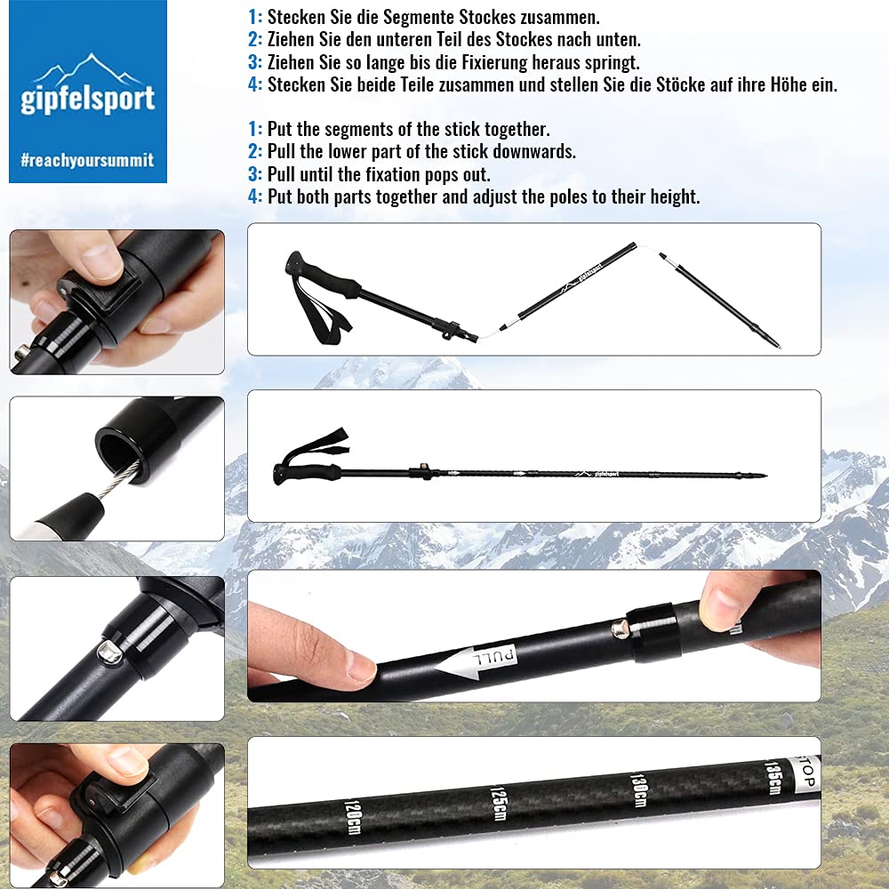 gipfelsport Faltbare Wanderstöcke I Teleskop Trekkingstöcke mit Tasche I Wanderstock, Teleskopstöcke für Wandern, Hiking, Trekking I verstellbar I für Damen und Herren