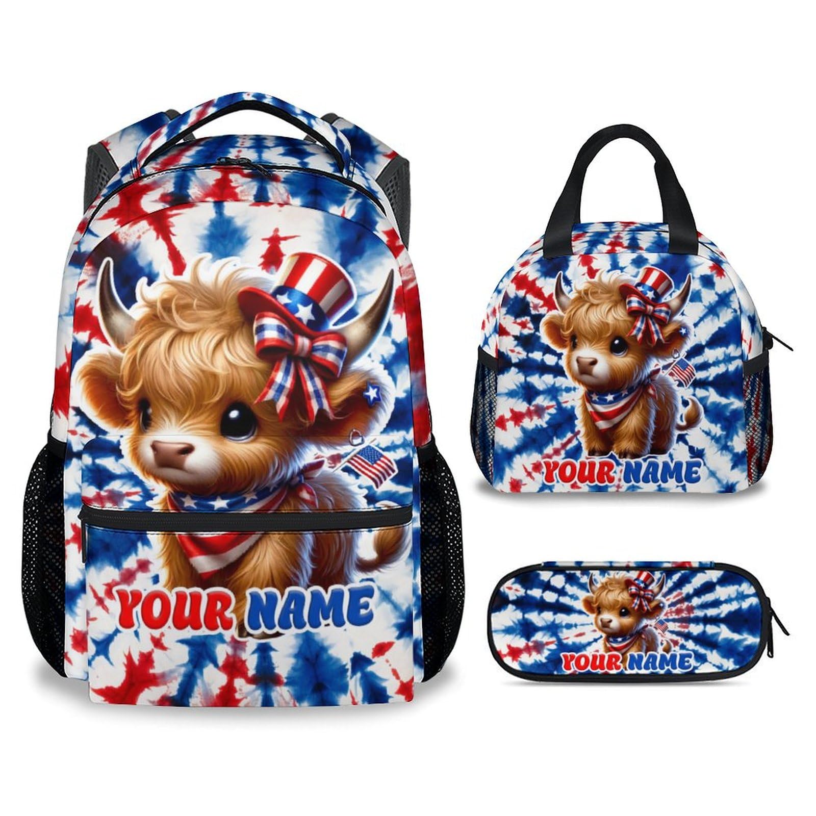 BEOIIBIRD Personalized Backpack with Lunch Box and Pencil Case Set, 3 in 1 Highland Cow Backpacks Matching Combo, Cute Girls Bookbag and Pencil Case