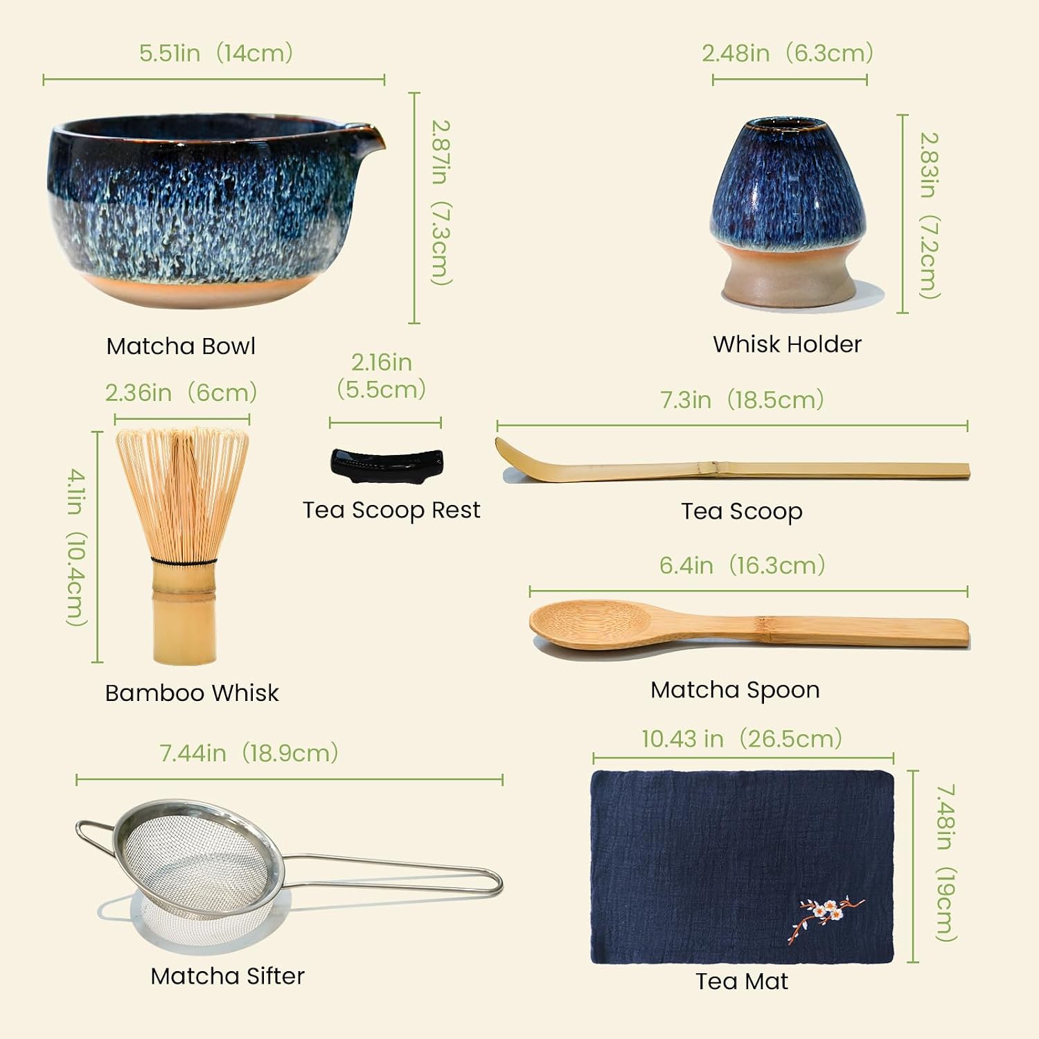 Matcha Whisk Set, Matcha Kit (8 Pcs) Includes Bowl, Whisk, Holder, Scoop, Sifter, Spoon, Rest, Mat - Exclusive Patented Ceramic Matcha Set for Matcha Lovers, Blue