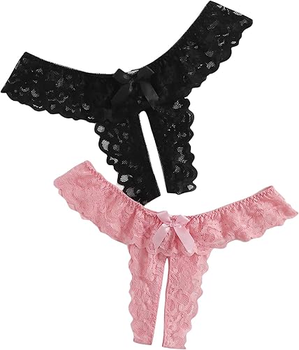 Floerns Conjunto de 2 calzones de tanga de encaje sin costuras con cordones en V para mujer
