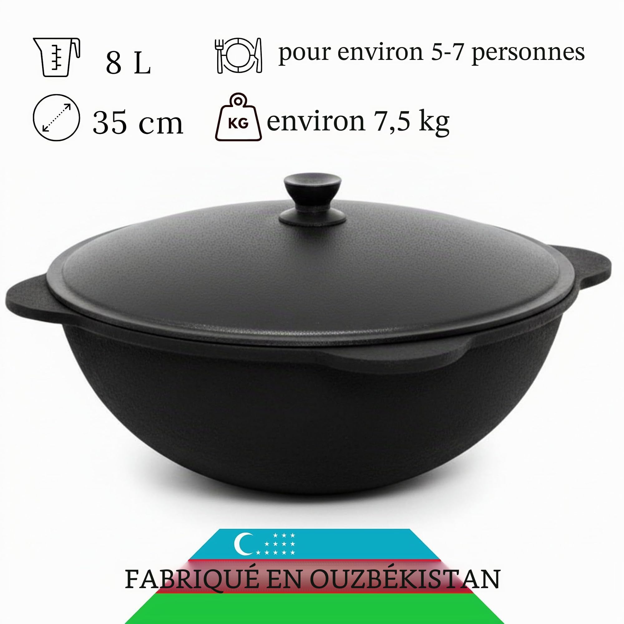 Kazan Wok en fonte 8 l (fond rond) avec louche à mousse Namangan Uzbek Kazbek Asia Wok Cast Iron Casserole Camping Usbek avec couvercle en aluminium