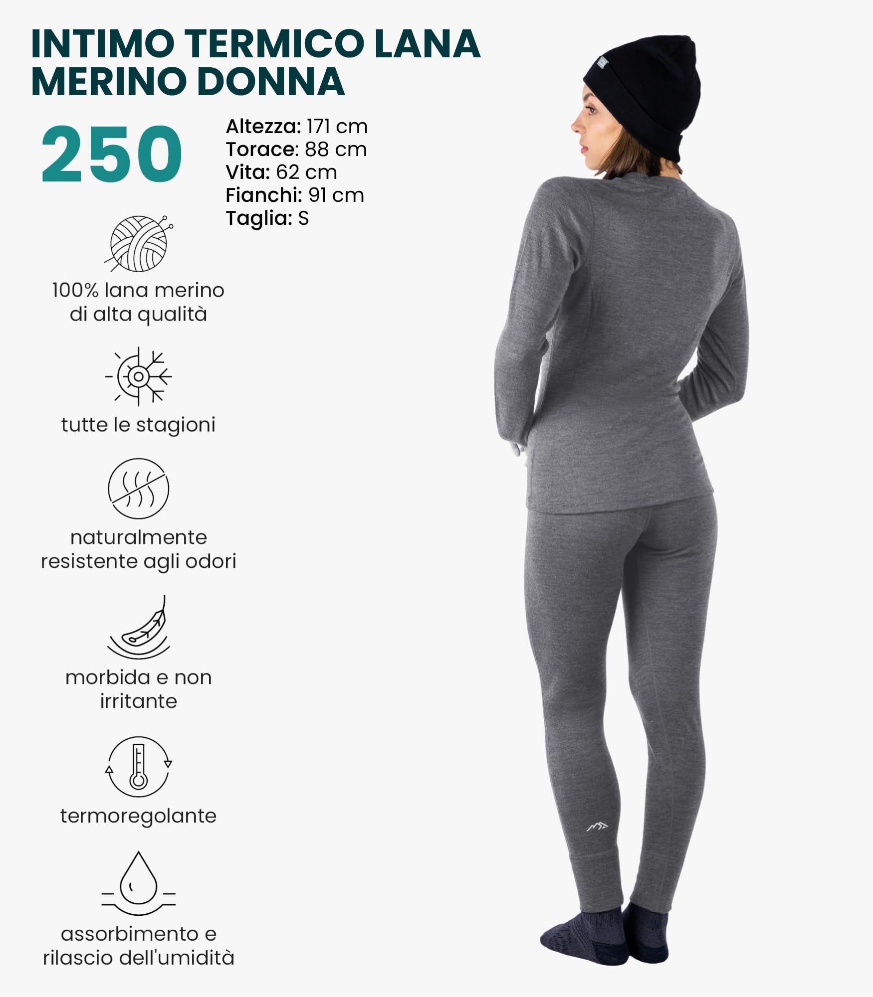 Merino.tech Completo Lana Donna Merinos + Calzini Leggero, Medio, Pesante