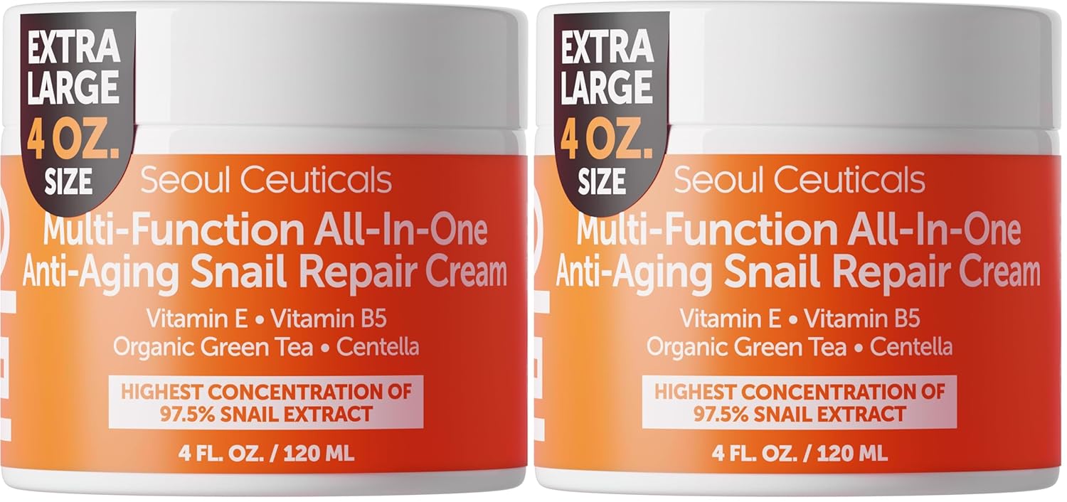 SeoulCeuticals Large 4oz 97.5% Snail Mucin Moisturizer Cream Korean Skin Care Day & Night Snail Repair for Face - K Beauty Anti Aging Facial Skincare (Pack of 2)